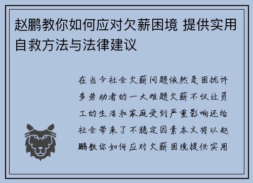 赵鹏教你如何应对欠薪困境 提供实用自救方法与法律建议