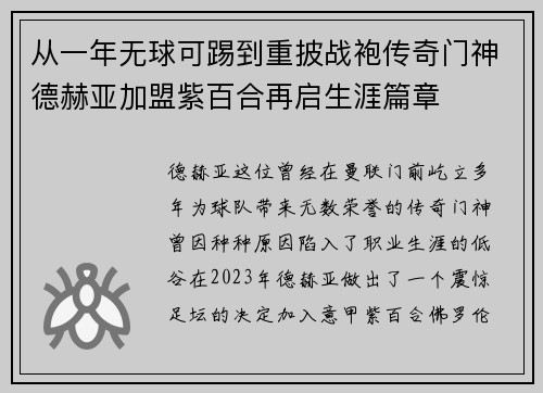 从一年无球可踢到重披战袍传奇门神德赫亚加盟紫百合再启生涯篇章