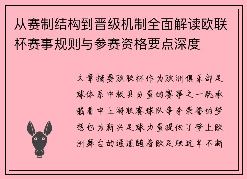 从赛制结构到晋级机制全面解读欧联杯赛事规则与参赛资格要点深度