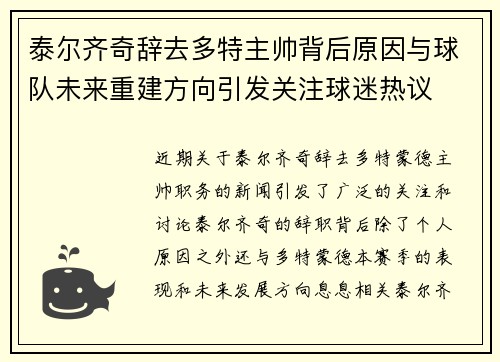 泰尔齐奇辞去多特主帅背后原因与球队未来重建方向引发关注球迷热议 泰尔齐奇辞去多特主帅背后原因与球队未来重建方向引发关注球迷热议